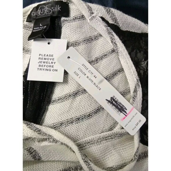 August Silk Blouse Size L Zip Back Lace White/Black NEW - Picture 12 of 13